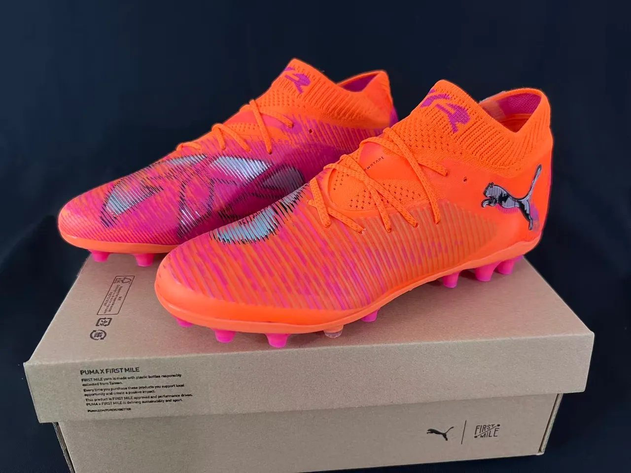 Puma Orange Rose Coupe Haute Col de Chaussette Tricotée Ribbelée Synthétique Cage Milieu Pied Sol Ferme Chaussures de Football 9