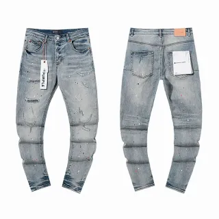 Purple Brand Distressed Paint-Splatter Light-Wash Slim-Fit Jeans