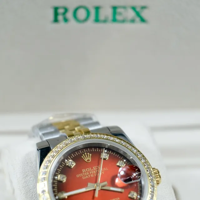Rolex Datejust Two-Tone Stainless Steel and Gold Diamond Bezel Red Dial Mechanical Watch 3