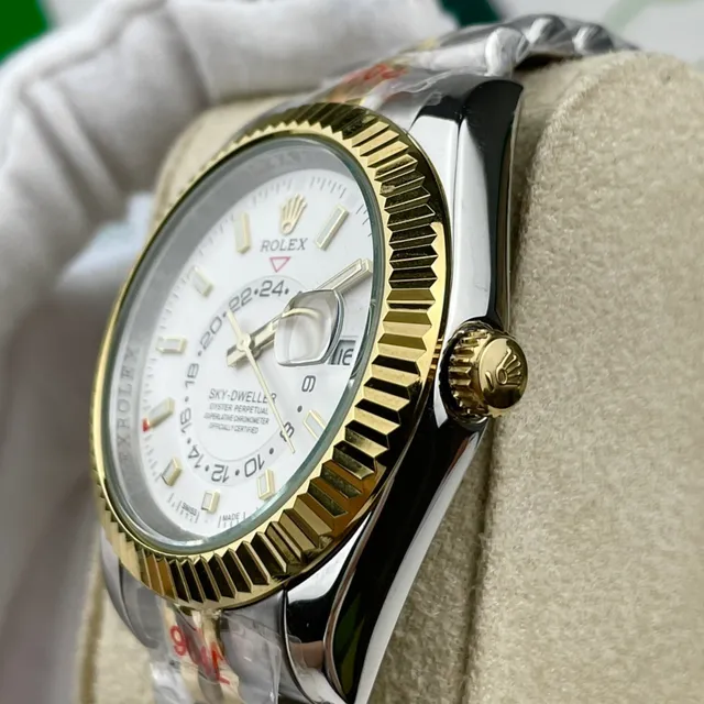 Rolex Sky-Dweller ثنائي اللون من الفولاذ المقاوم للصدأ والذهب وجه أبيض ساعة ميكانيكية 6