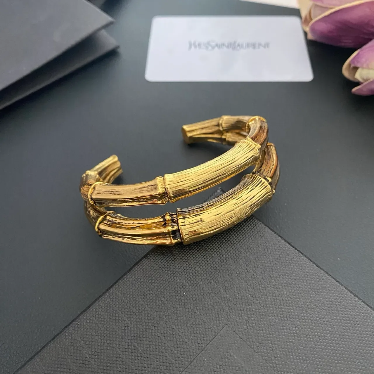 Saint Laurent Bamboo Open Cuff Gold Bracelet 5
