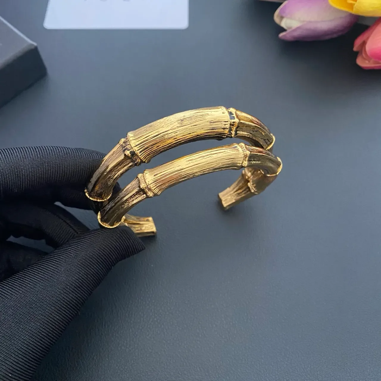 Saint Laurent Bamboo Open Cuff Gold Bracelet 7