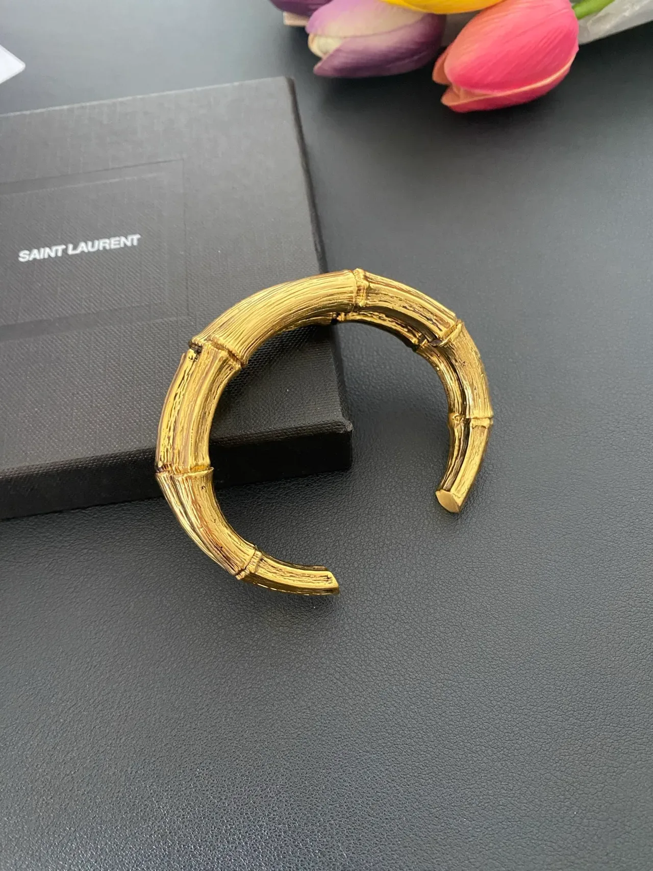 Saint Laurent Bamboo Open Cuff Gold Bracelet 8