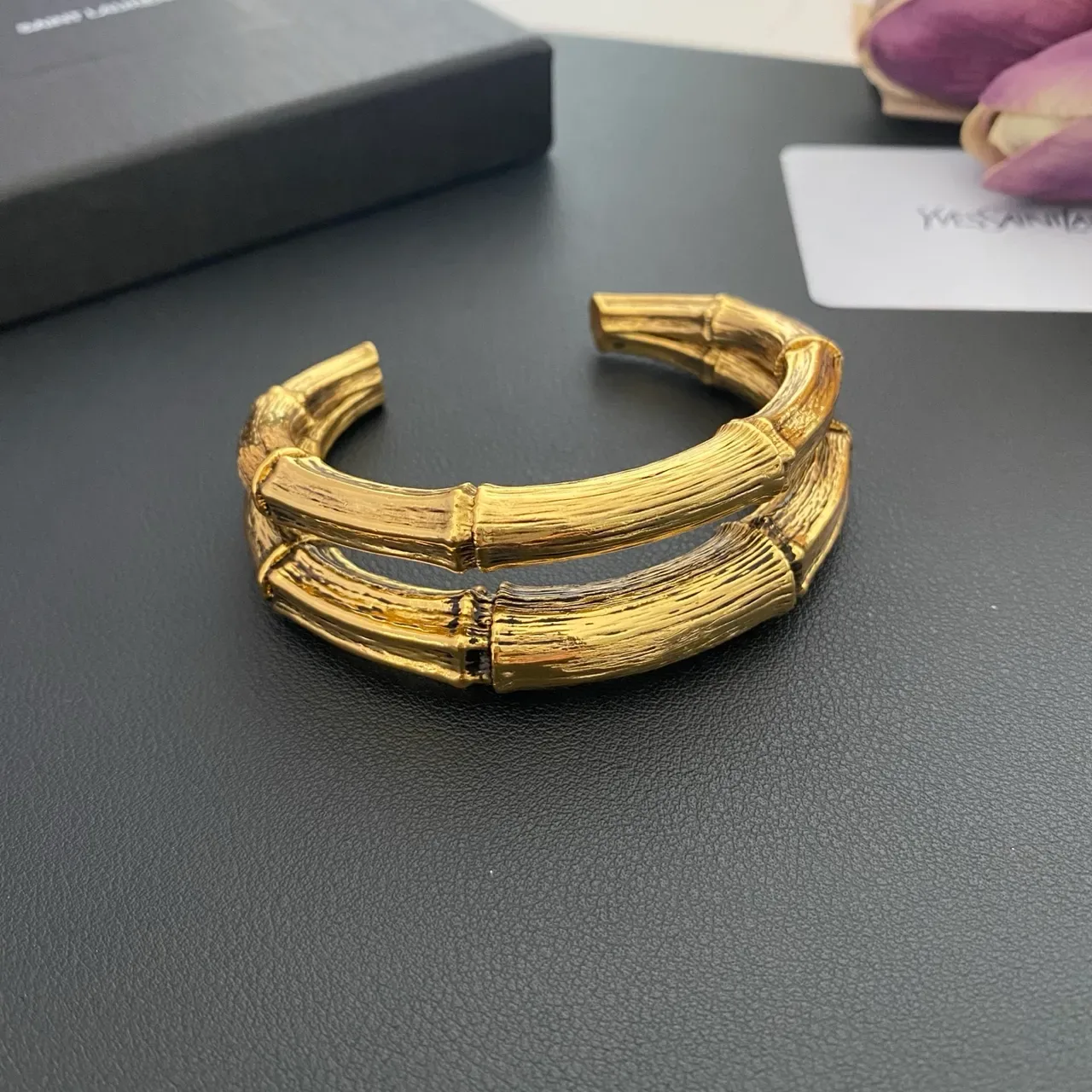 Saint Laurent Bamboo Open Cuff Gold Bracelet 11