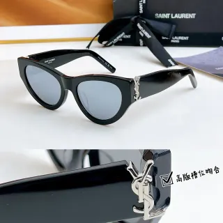 Saint Laurent काला चांदी कैट आई सिल्हूट चमकदार एसिटेट सनग्लास