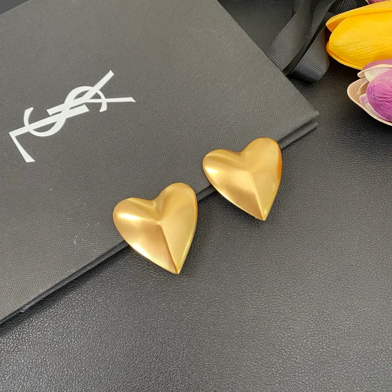 Saint Laurent Gold Sculpted Heart Metallic Earrings 7