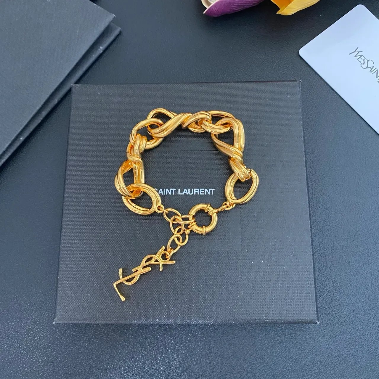 Saint Laurent Gold Twisted-Link Chain Polished Bracelet 8