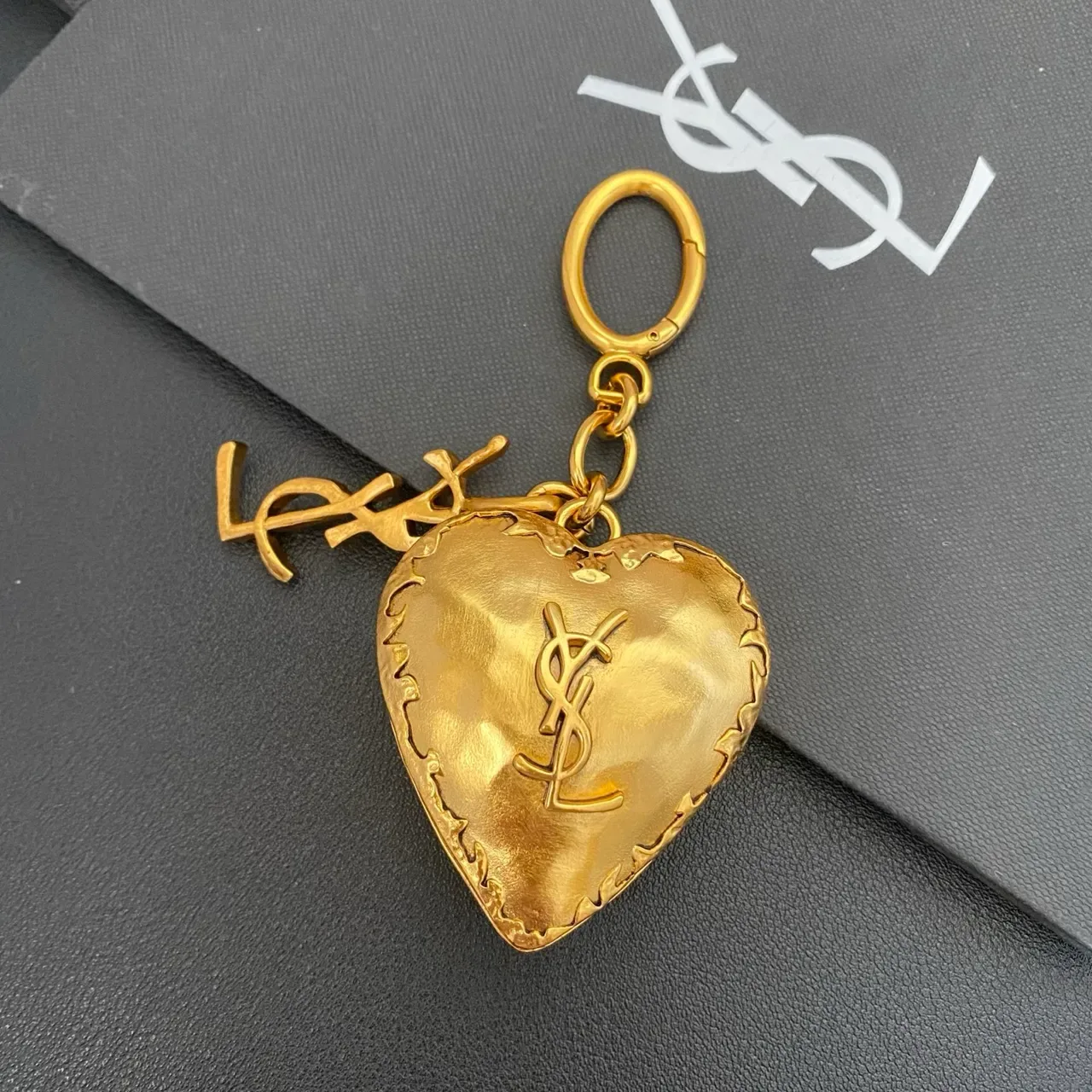 Saint Laurent Monogram Heart Charm Gold Brown Metal Brooch 3
