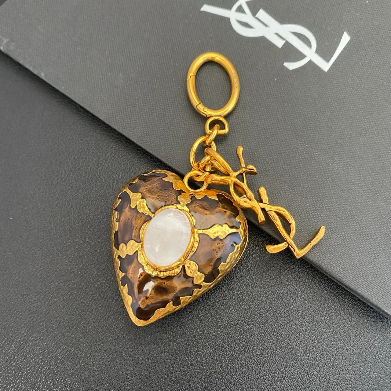 Saint Laurent Monogram Heart Charm Gold Brown Metal Brooch 5