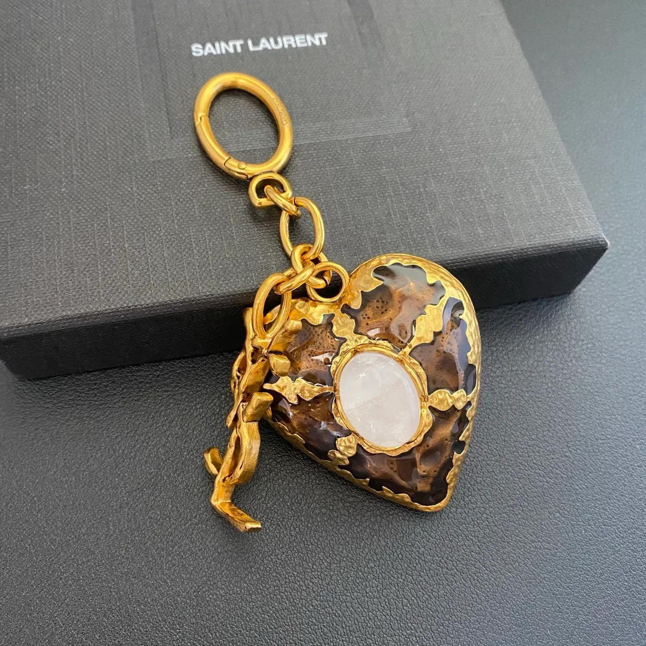 Saint Laurent Monogram Heart Charm Gold Brown Metal Brooch 6
