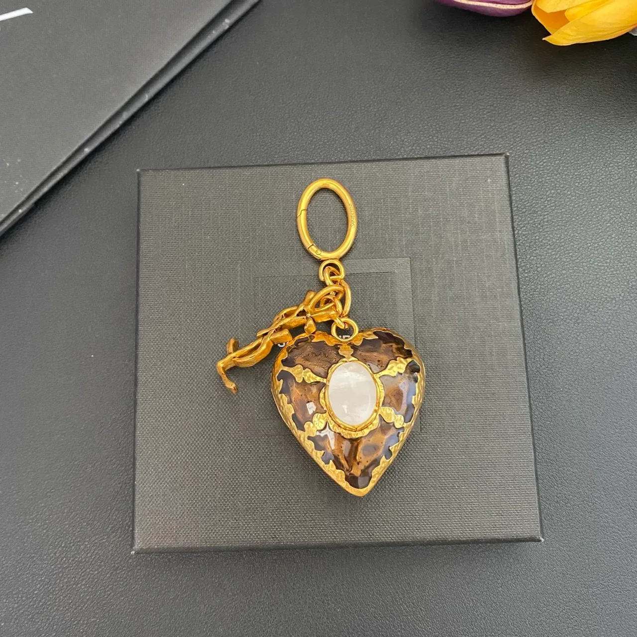 Saint Laurent Monogram Heart Charm Gold Brown Metal Brooch 7