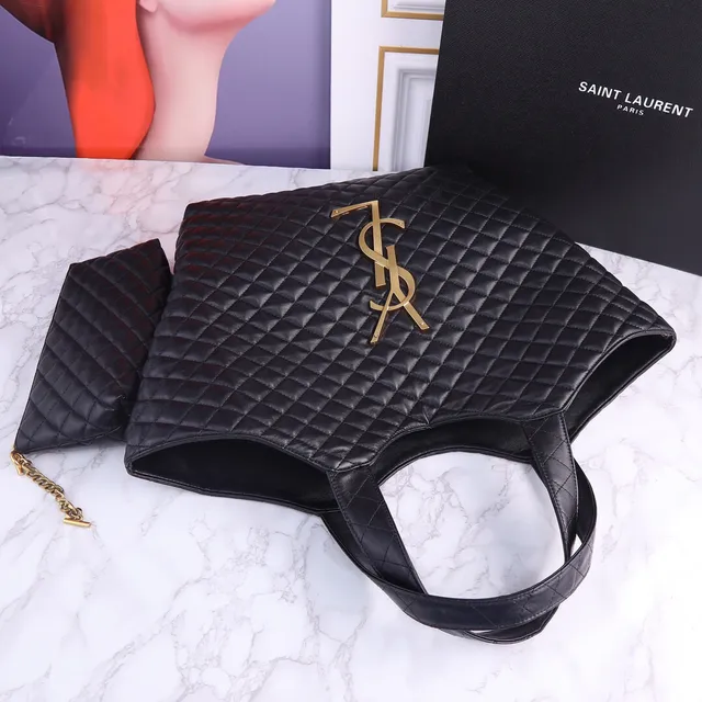 Saint Laurent क्विल्टेड डायमंड-स्टिच डेनिम-टेक्स्चर्ड नीला टोट बैग 3