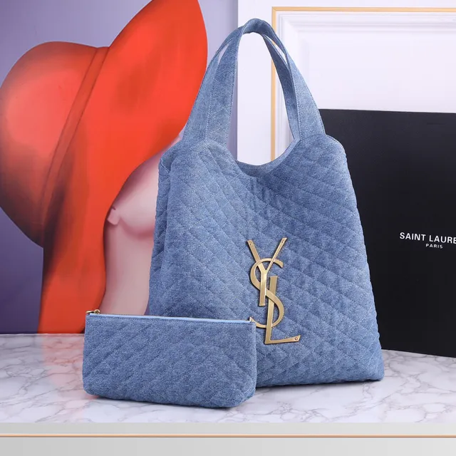Saint Laurent क्विल्टेड डायमंड-स्टिच डेनिम-टेक्स्चर्ड नीला टोट बैग 9