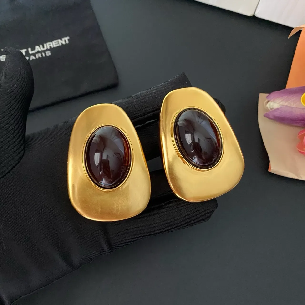 Saint Laurent Sculptural Gold-Tone Cabochon Clip-On Earrings 5