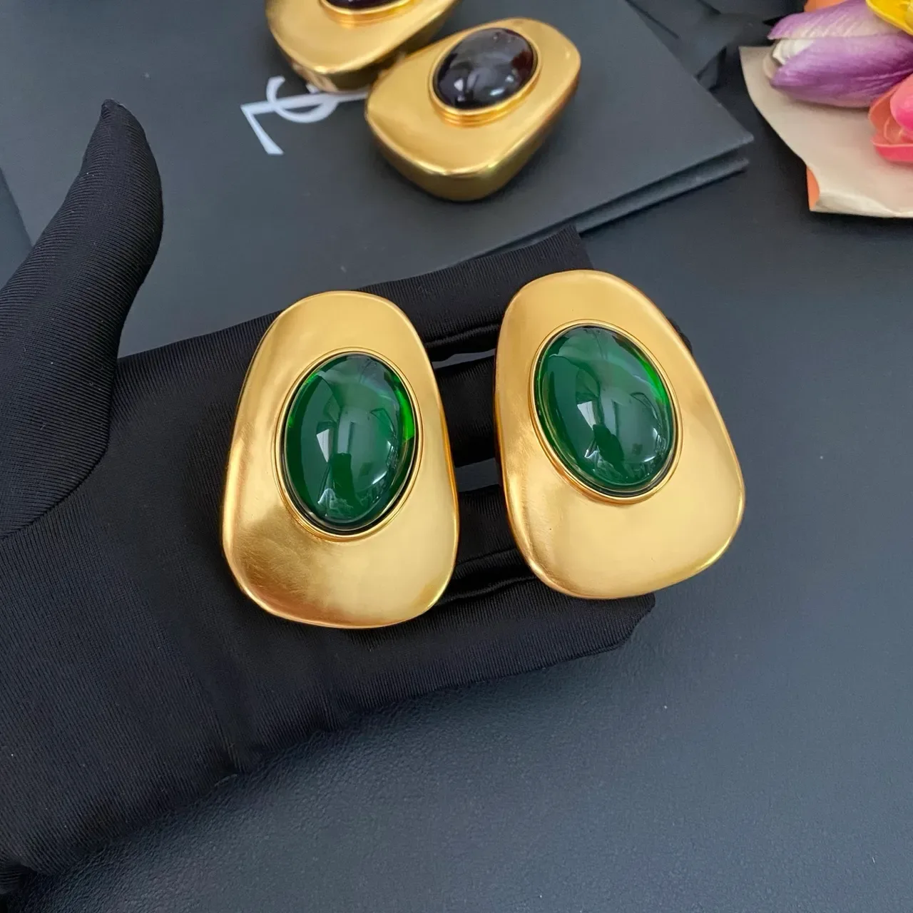 Saint Laurent Sculptural Gold-Tone Cabochon Clip-On Earrings 7