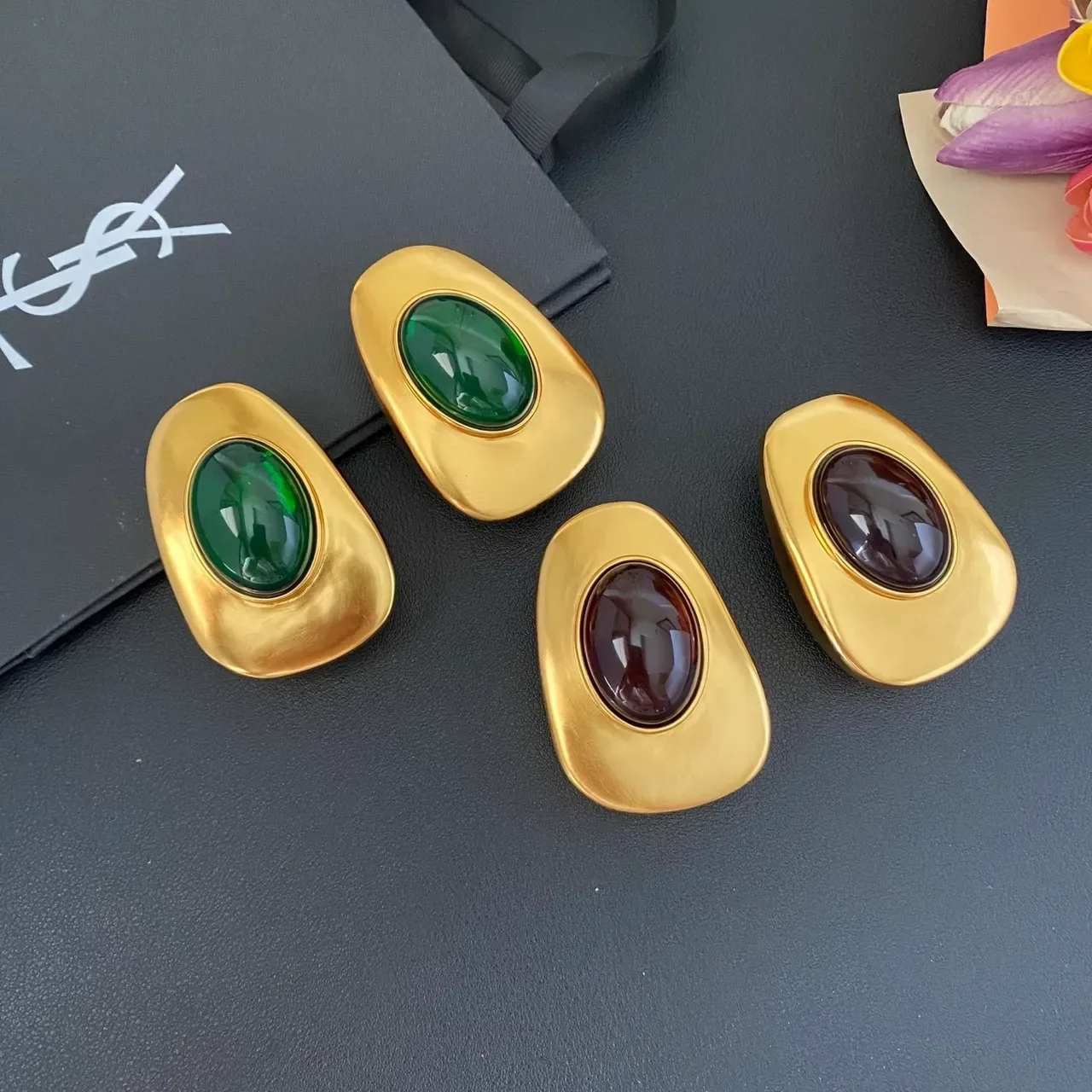 Saint Laurent Sculptural Gold-Tone Cabochon Clip-On Earrings 9