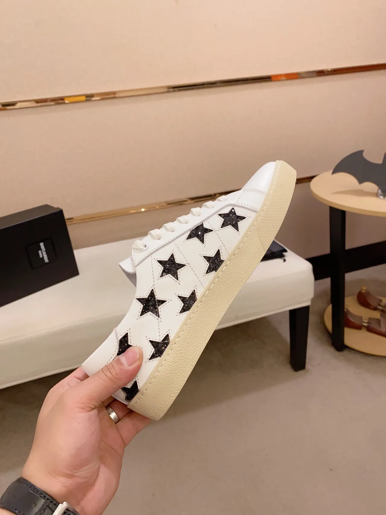 Saint Laurent Branco Preto Couro Estrelas Brilhantes Lifestyle Sneakers 2