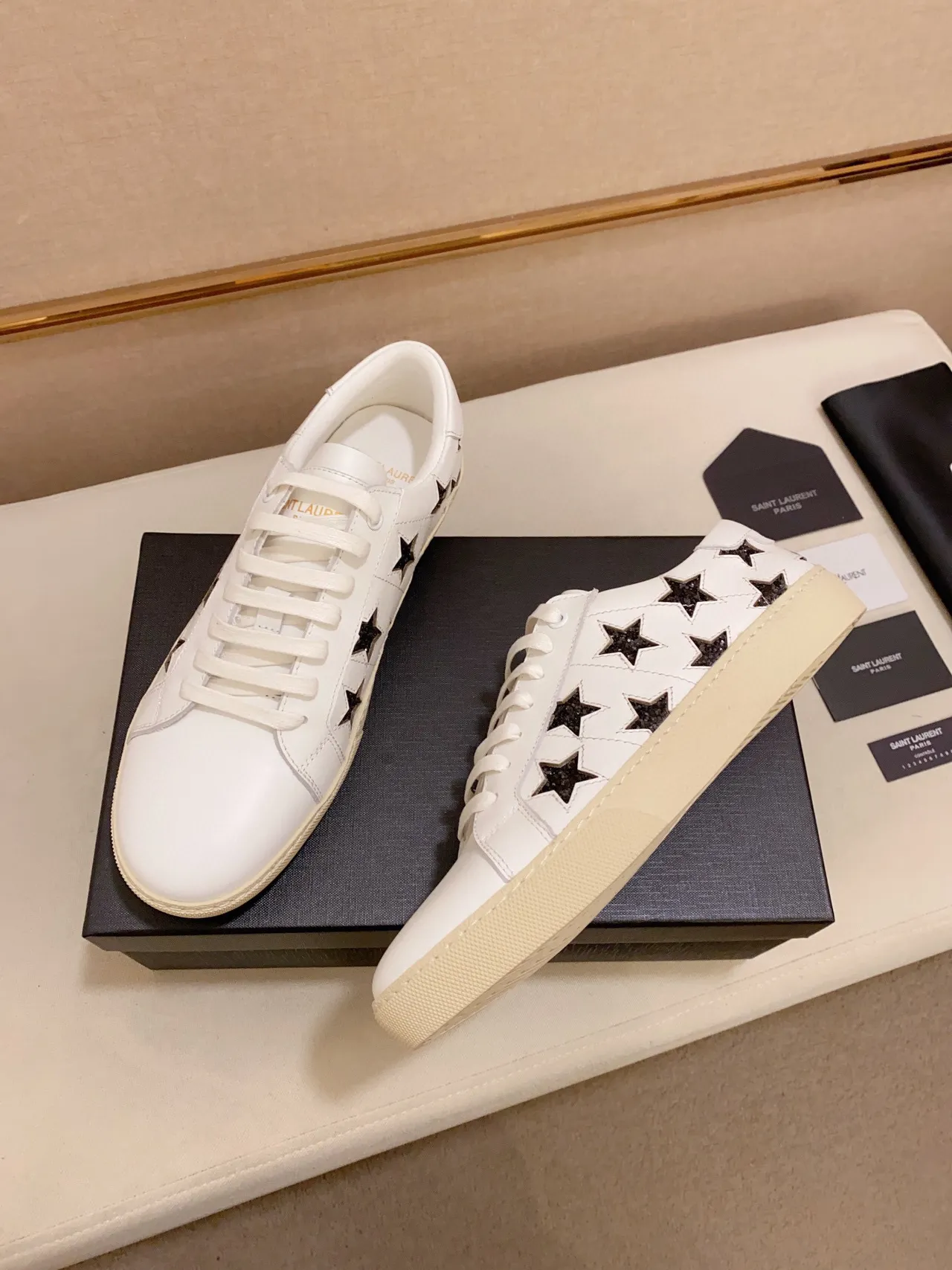 Saint Laurent Branco Preto Couro Estrelas Brilhantes Lifestyle Sneakers 5
