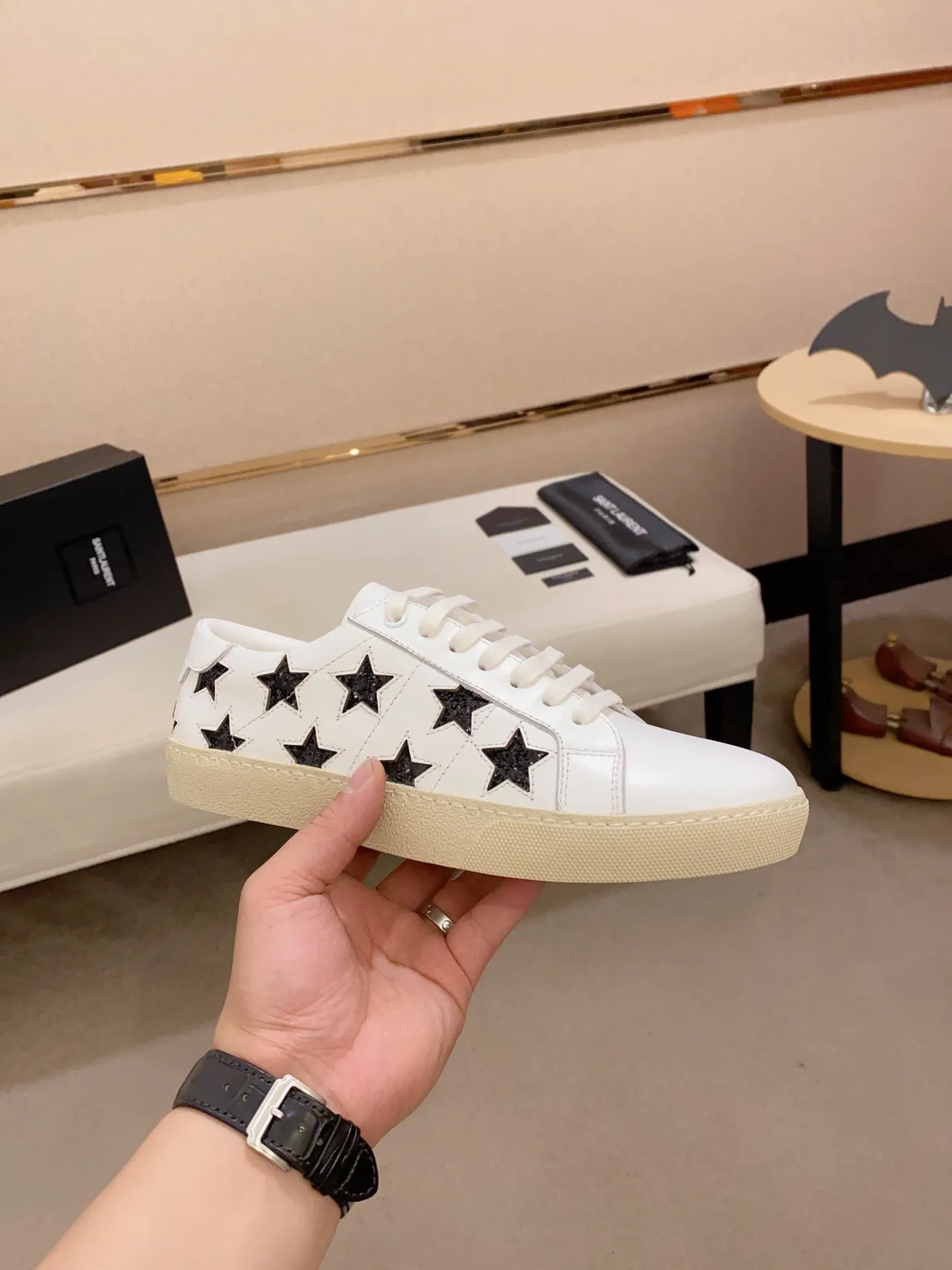 Saint Laurent Branco Preto Couro Estrelas Brilhantes Lifestyle Sneakers 7