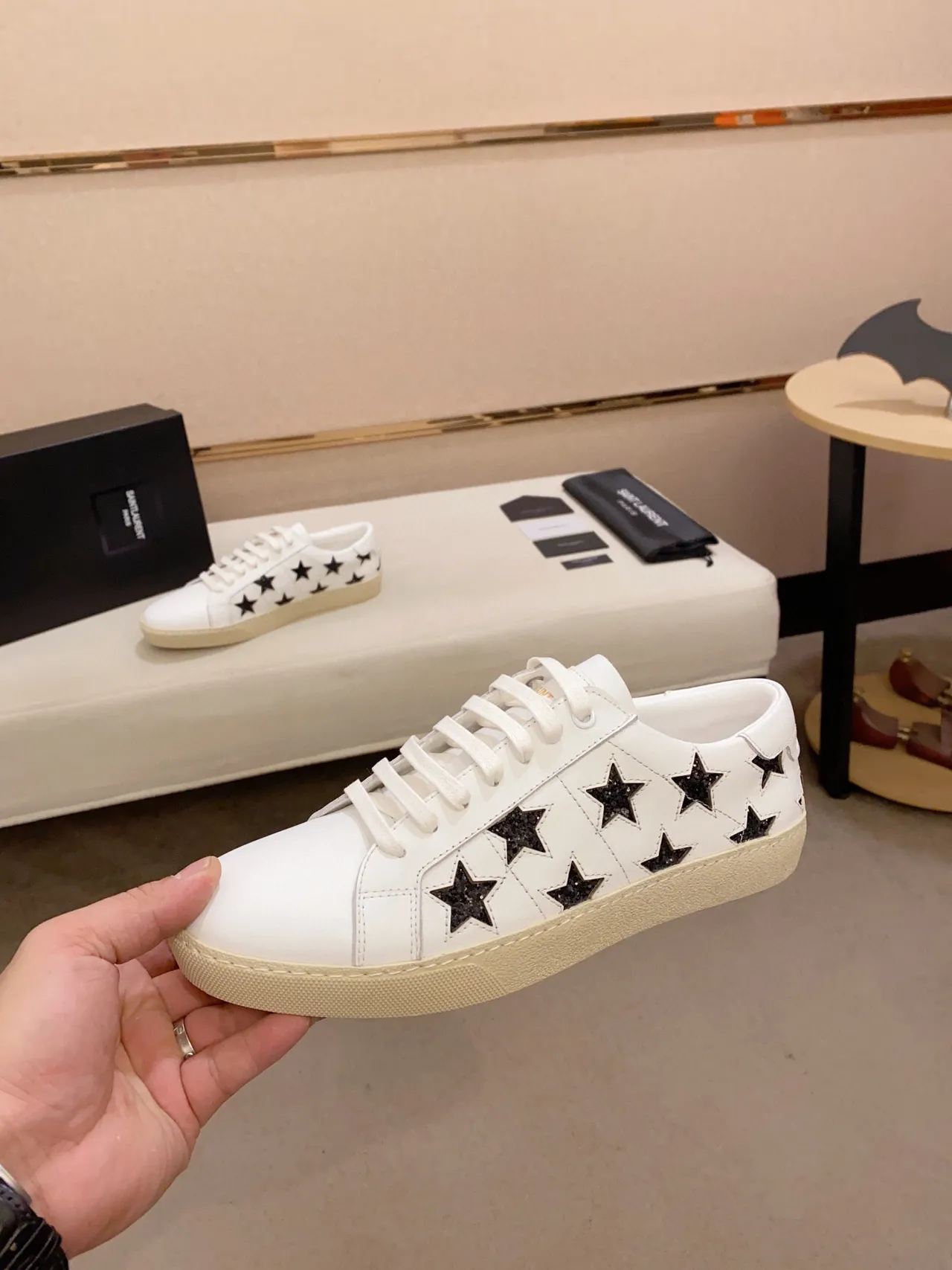 Saint Laurent Branco Preto Couro Estrelas Brilhantes Lifestyle Sneakers 8