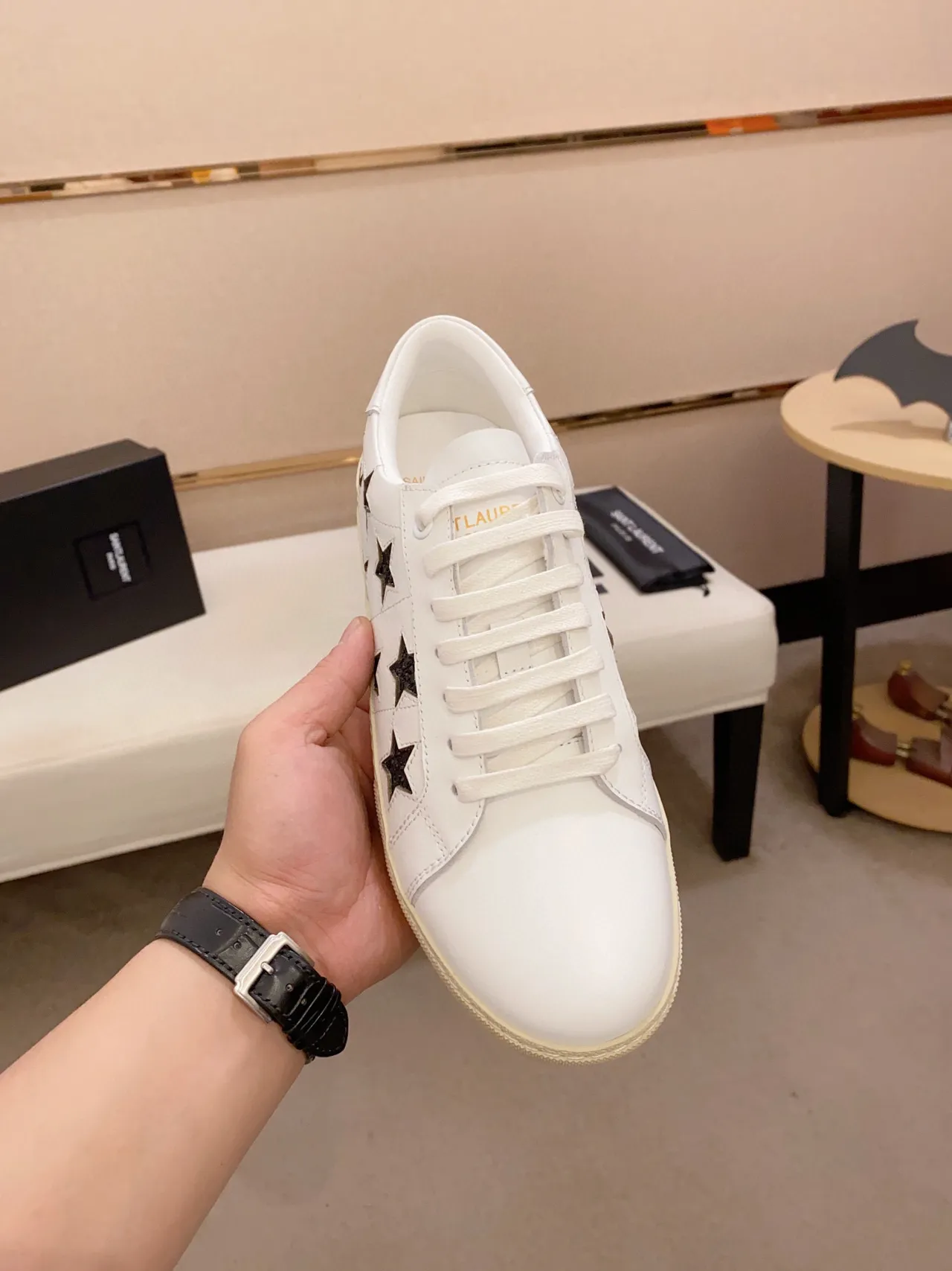 Saint Laurent Branco Preto Couro Estrelas Brilhantes Lifestyle Sneakers 9