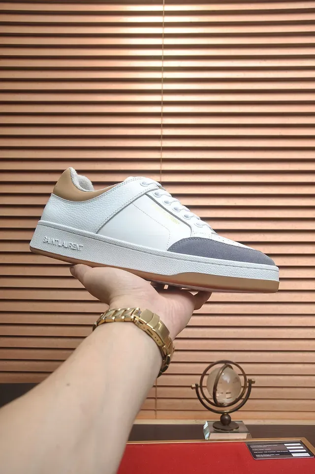 Saint Laurent White Gray Leather-Paneled Perforated Toe Lifestyle Sneakers 2