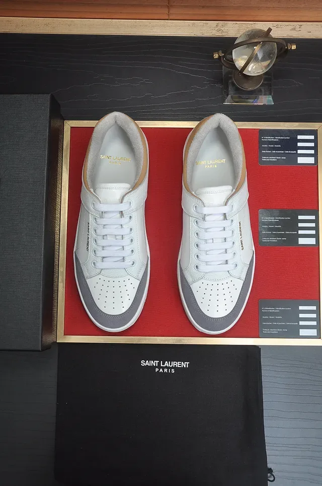 Saint Laurent White Gray Leather-Paneled Perforated Toe Lifestyle Sneakers 3