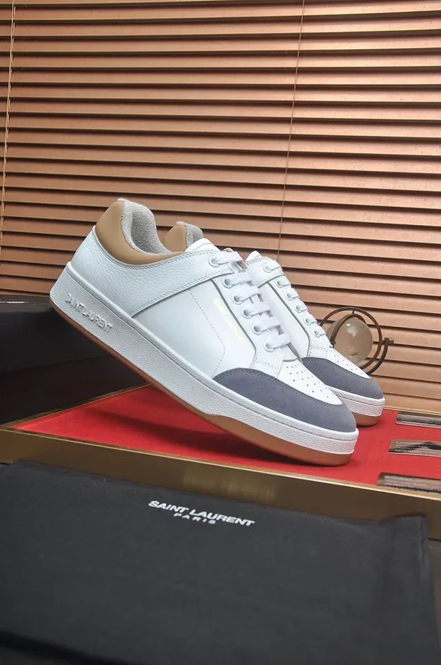 Saint Laurent White Gray Leather-Paneled Perforated Toe Lifestyle Sneakers 4