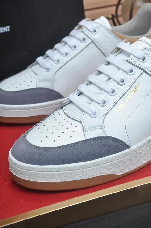 Saint Laurent White Gray Leather-Paneled Perforated Toe Lifestyle Sneakers 8
