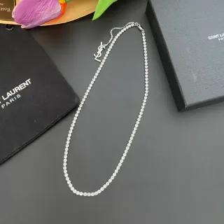 सेंट लॉरेंट YSL चेन सिल्वर व्हाइट पवेजेट स्टोन मोनोग्राम क्लास्प नेकलेस
