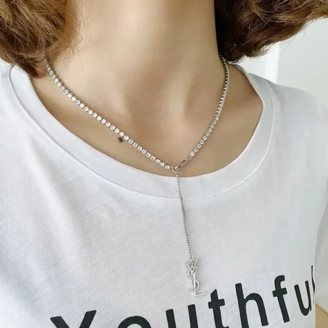 圣罗伦 YSL 银白色 pave-set 宝石 字母夹扣 链条 项链 2