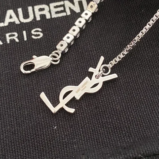 圣罗伦 YSL 银白色 pave-set 宝石 字母夹扣 链条 项链 4
