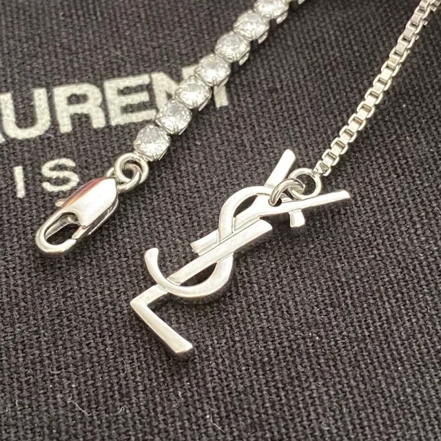 圣罗伦 YSL 银白色 pave-set 宝石 字母夹扣 链条 项链 6