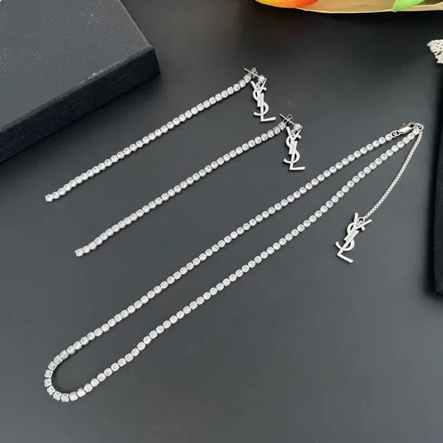 圣罗伦 YSL 银白色 pave-set 宝石 字母夹扣 链条 项链 7