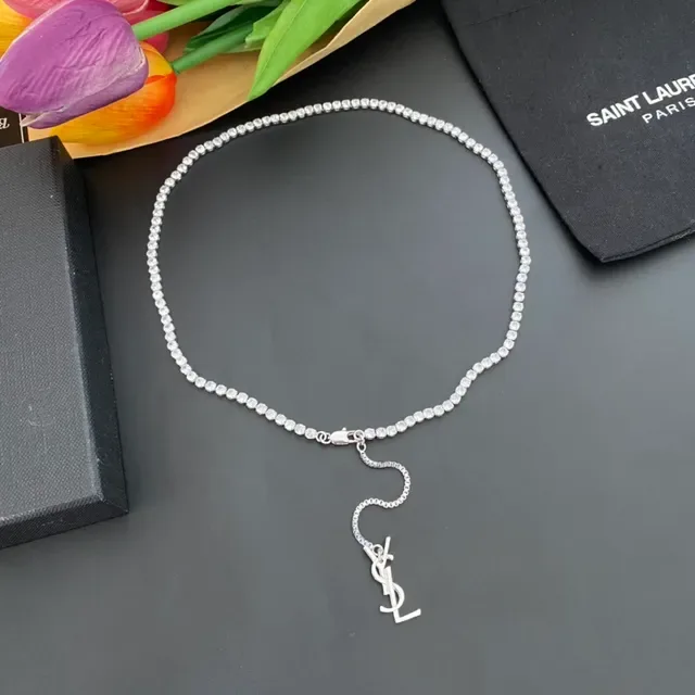 圣罗伦 YSL 银白色 pave-set 宝石 字母夹扣 链条 项链 8
