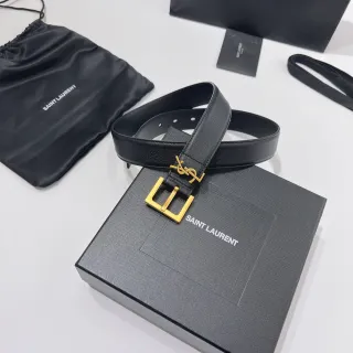 Saint Laurent YSL मोनोग्राम बेल्ट काला सोना पेबल्ड बकल लेदर बेल्ट