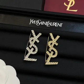 Saint Laurent YSL मोनोग्राम ब्रोच चांदी सोना क्रिस्टल से सज्जित ब्रोच