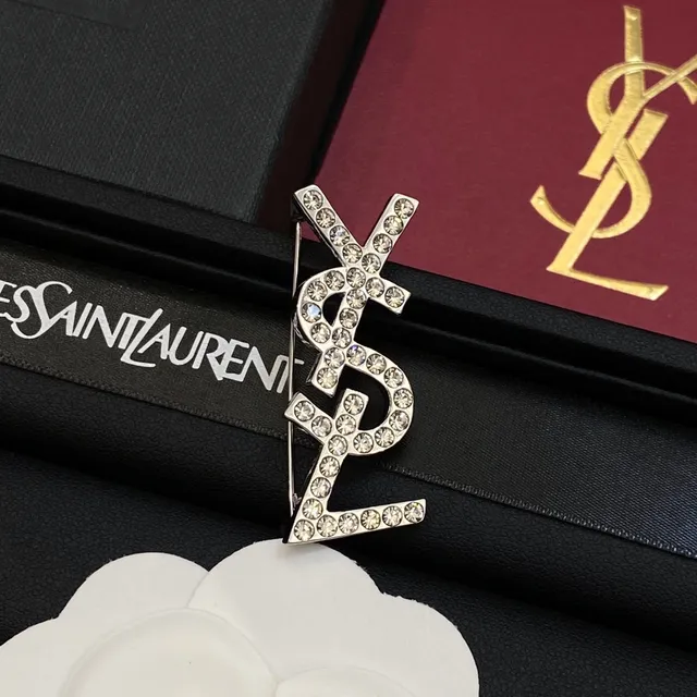 Saint Laurent YSL মোনোগ্রাম ব্রোচ রূপা সোনা ক্রিস্টাল দিয়ে সজ্জিত ব্রোচ 3