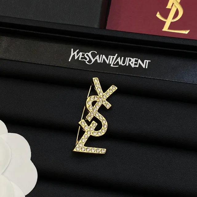 Saint Laurent YSL মোনোগ্রাম ব্রোচ রূপা সোনা ক্রিস্টাল দিয়ে সজ্জিত ব্রোচ 4