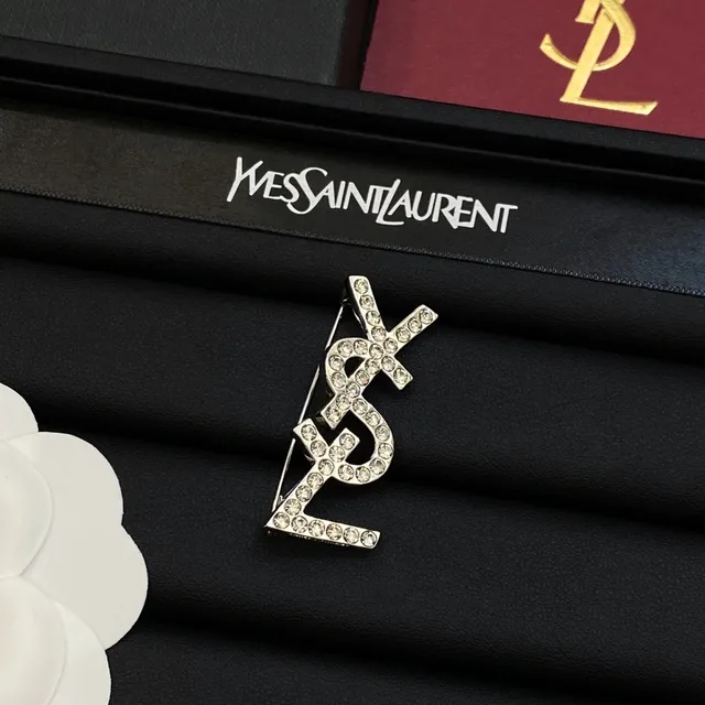 Saint Laurent YSL মোনোগ্রাম ব্রোচ রূপা সোনা ক্রিস্টাল দিয়ে সজ্জিত ব্রোচ 5