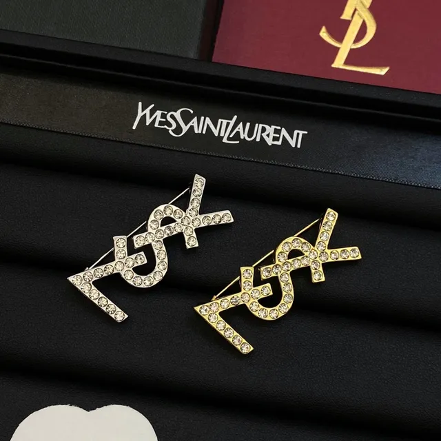 Saint Laurent YSL মোনোগ্রাম ব্রোচ রূপা সোনা ক্রিস্টাল দিয়ে সজ্জিত ব্রোচ 6