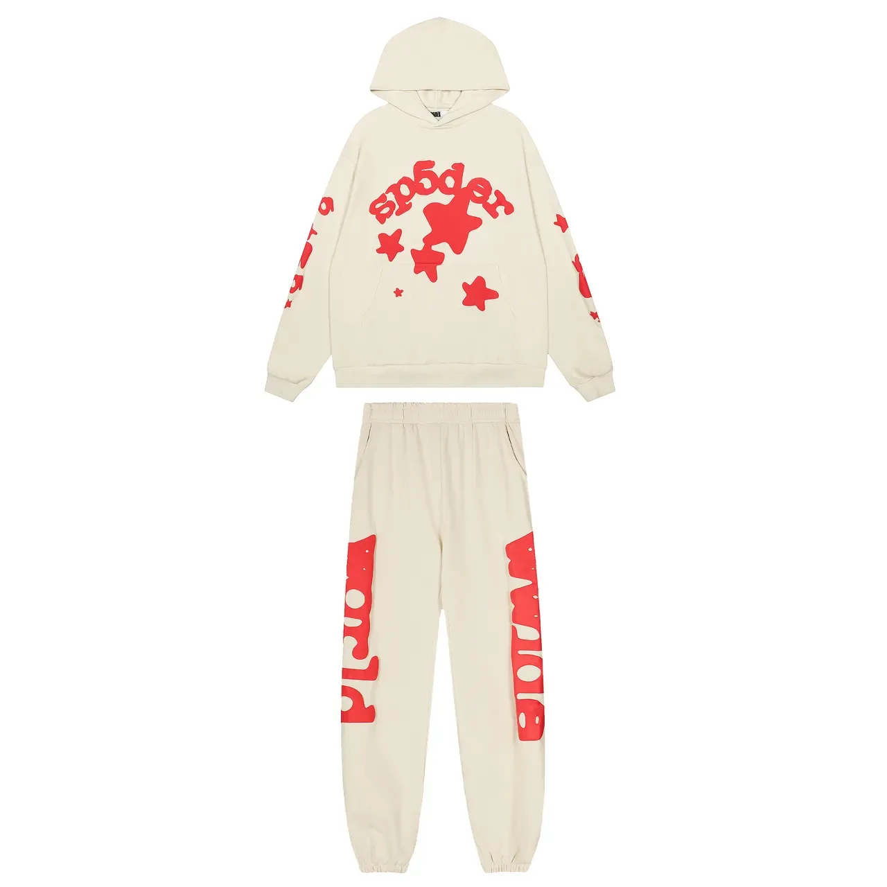 Sp5der Hoodie Oversized Fit Beige Red Graphique 2