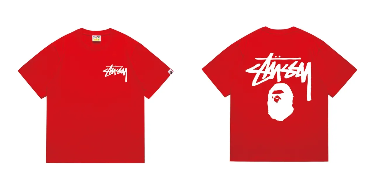 T-shirt rouge Stussy x A Bathing Ape Stock Logo 4