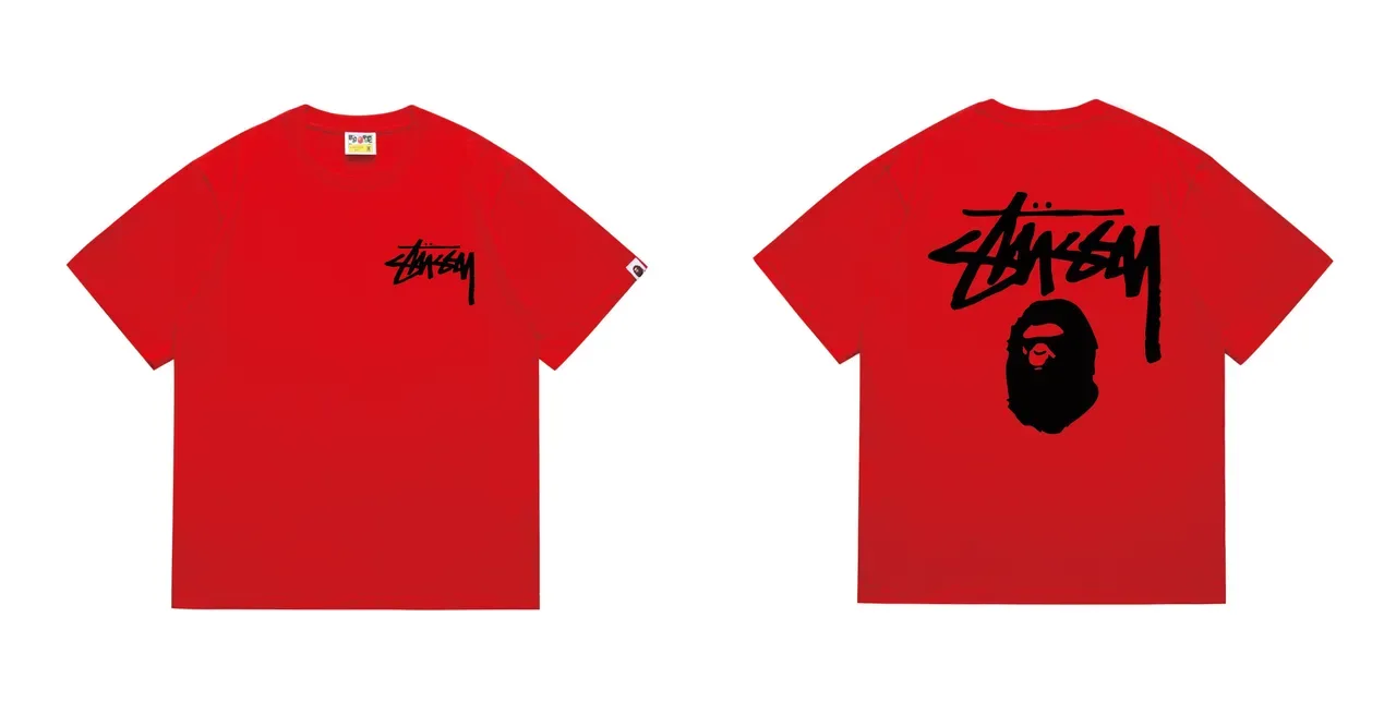 T-shirt rouge Stussy x A Bathing Ape Stock Logo 10