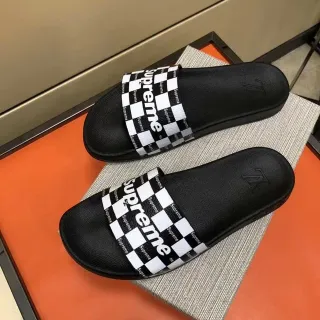 Supreme Slides Black White Checkerboard Strap Repeating Logo Print Slippers
