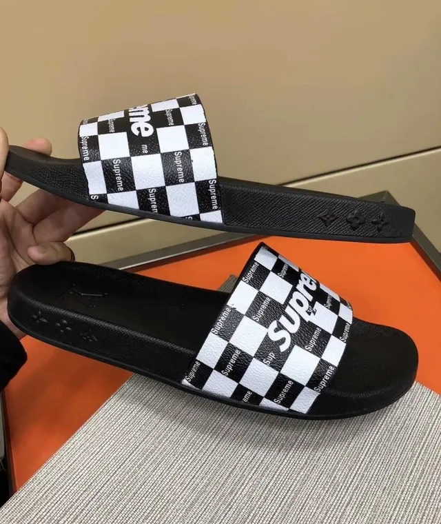 Supreme Slides Noir Blanc Damier Sangle Impression Logo Répétitif 5