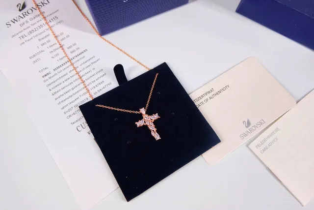 Swarovski Gold Blue Cross-Shaped Pendant Pave-Set Crystals Necklace 2