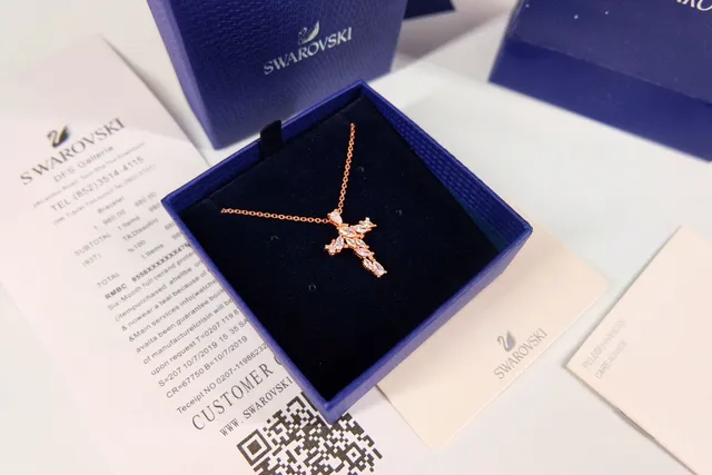 Swarovski Gold Blue Cross-Shaped Pendant Pave-Set Crystals Necklace 3