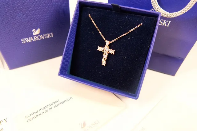 Swarovski Gold Blue Cross-Shaped Pendant Pave-Set Crystals Necklace 4