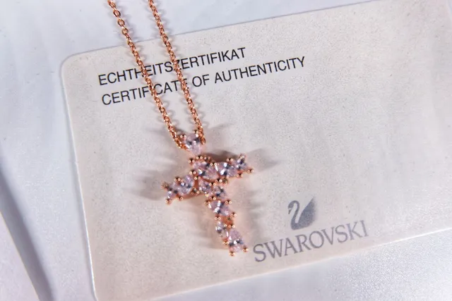 Swarovski Gold Blue Cross-Shaped Pendant Pave-Set Crystals Necklace 6